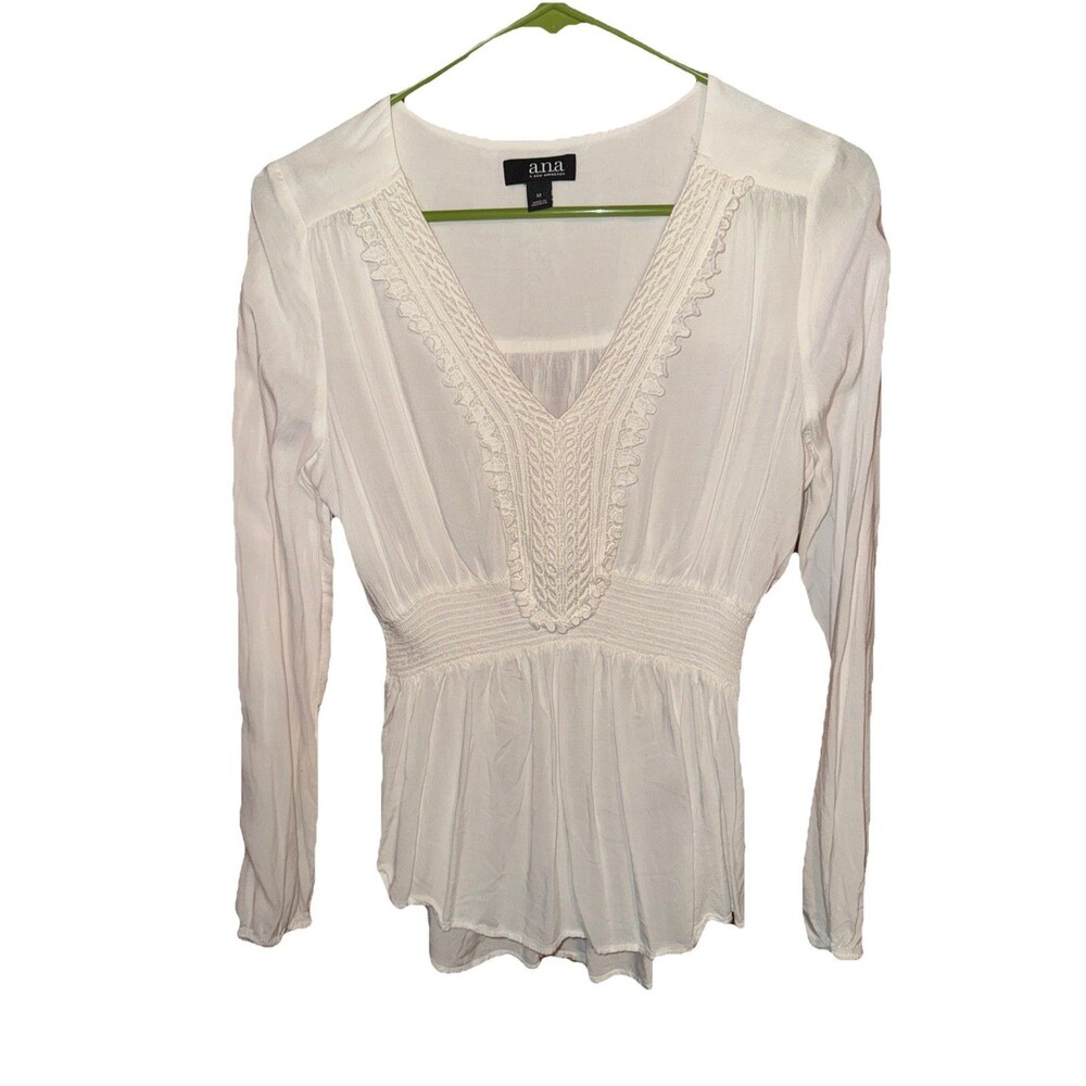 Ana boho Blouse Top Women Size M V-neck Embroidered Smocked Peasant